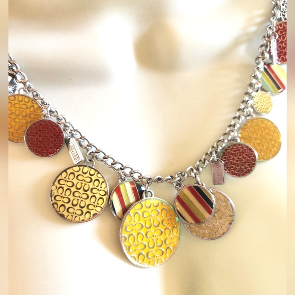 COACH Rare HTF Chunky Silver Metal Logo Yellow GOLD Charm CC Toggle Necklace - Picture 2 of 12